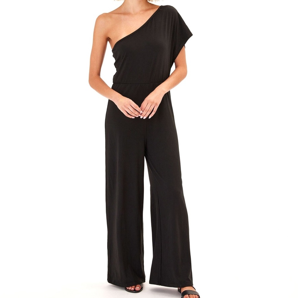 THREADS 4 THOUGHT SHIVANI LUXE JERSEY ONE-SHOULDER JUMPSUIT BLACK. SIZE M